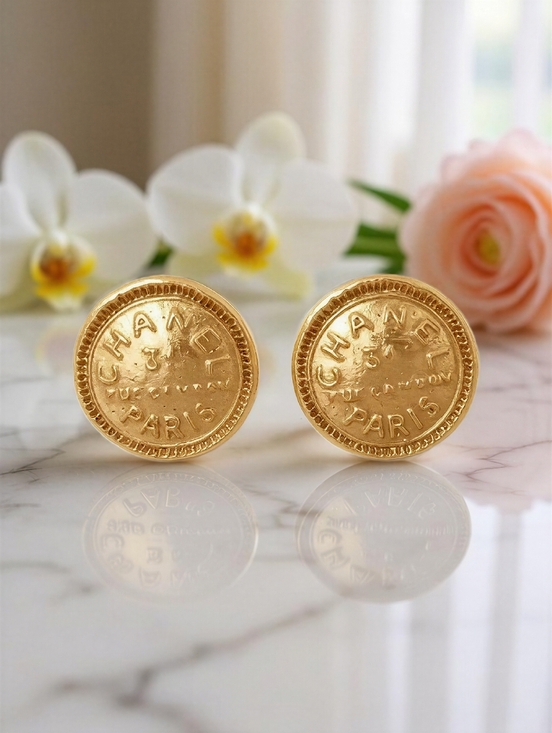 CHANEL Jewelry - CHANEL Gold Coin Button Stud EarringsVintage Chanel 31 Rue Cambon 24K Gold Plate